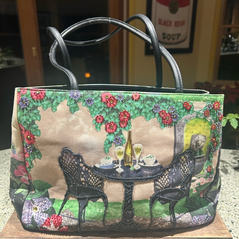 ❤️Al Fresco- Beautiful Beaded  Vino Floral Garden Scene Tote Bag